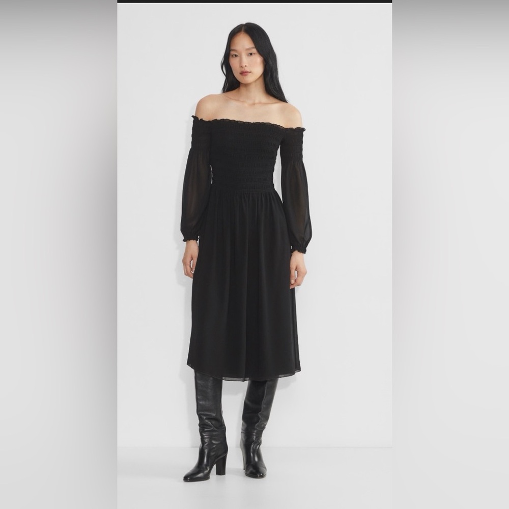 Aritzia Wilfred Black Smocked Off-Shoulder Maxi Dress